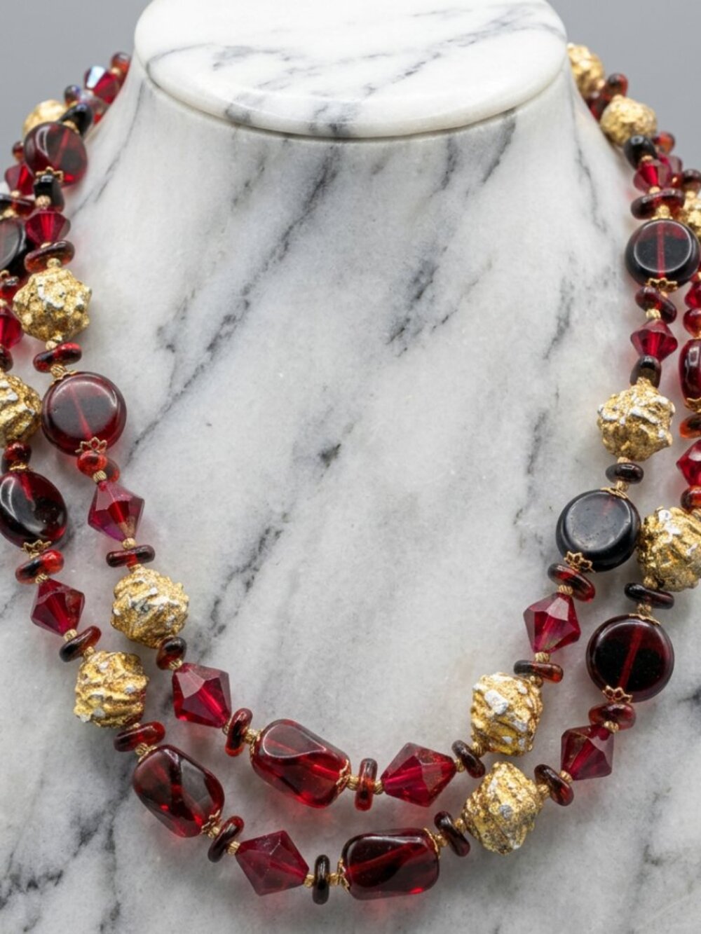 Vintage FABIOLA Bead Two strand & Light Dark Red Gold nugget Necklace